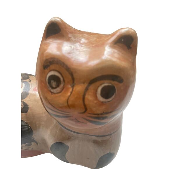Vintage Tonala Mexican Pottery Cat Art Figurine Statue 7.5 X 7 coral orange - Picture 4 of 9